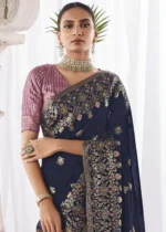 Navy Blue Kora Silk Saree