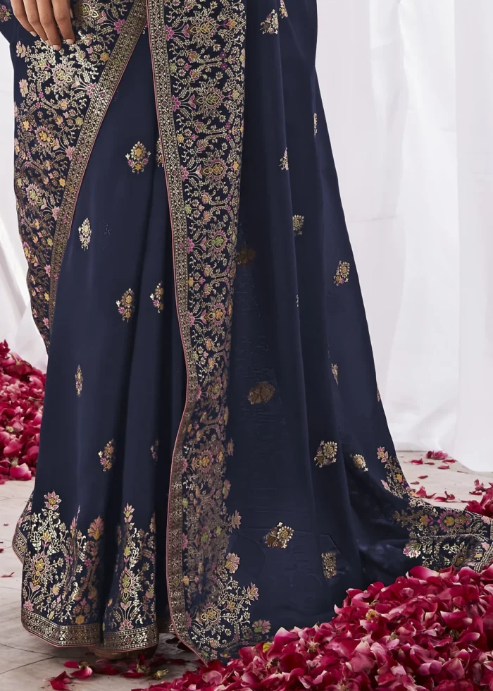 Navy Blue Kora Silk Saree