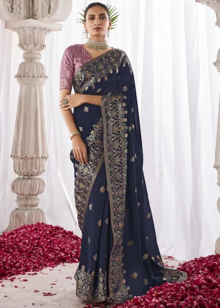 Navy Blue Kora Silk Saree