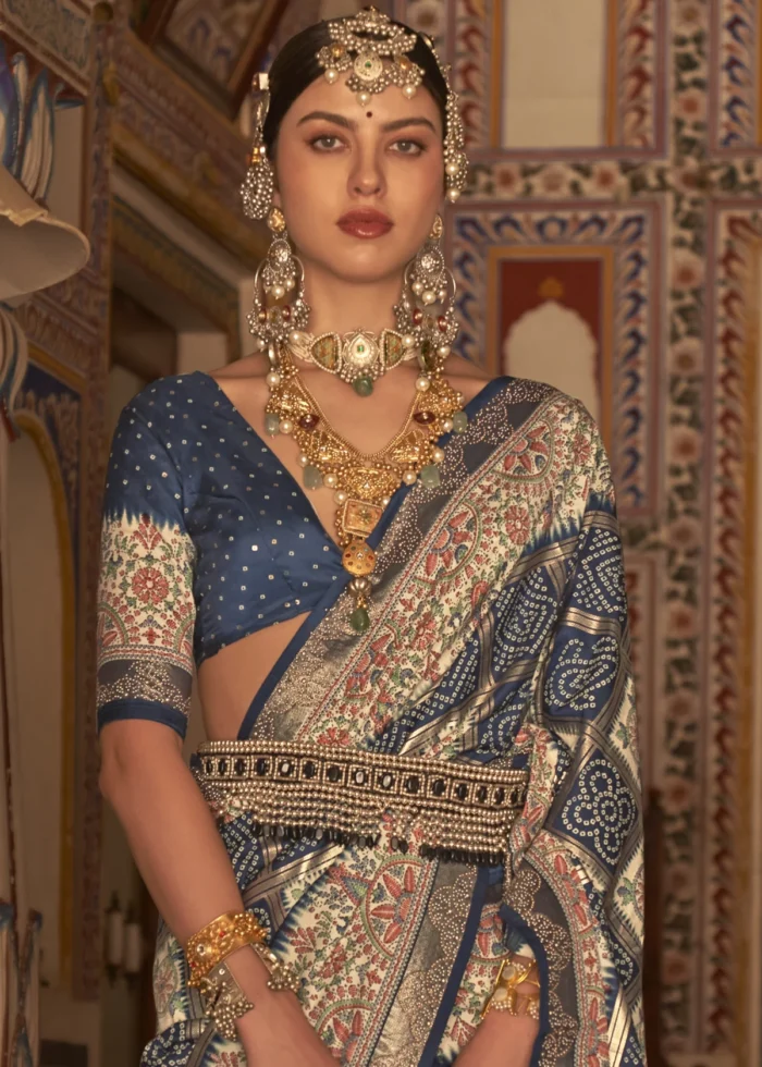 Navy Blue Printed Silk Saree