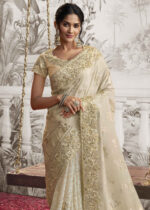 Off White Embroidered Silk Saree