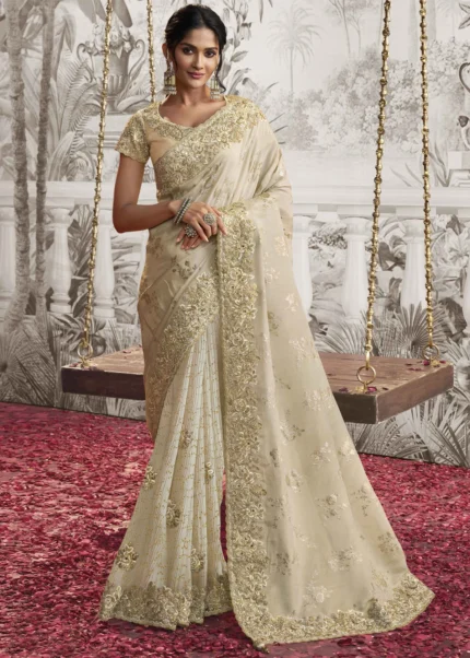 Off White Embroidered Silk Saree