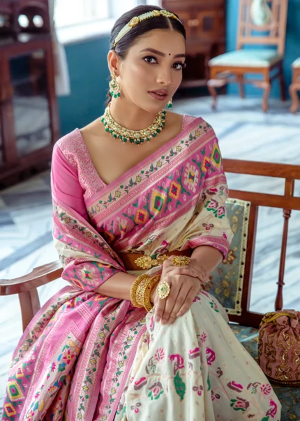 Off White Paithani Silk Saree