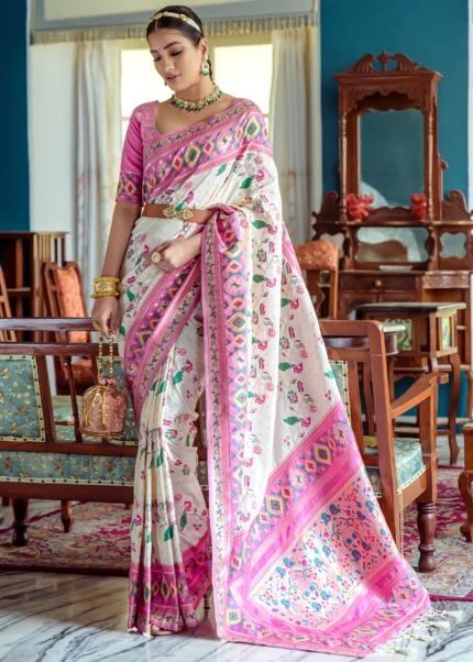 Off White Paithani Silk Saree