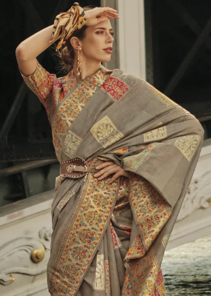 Olive Brown Kashmiri Jamawar Saree