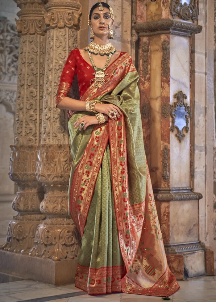 Olive Green Banarasi Saree with Stone Work