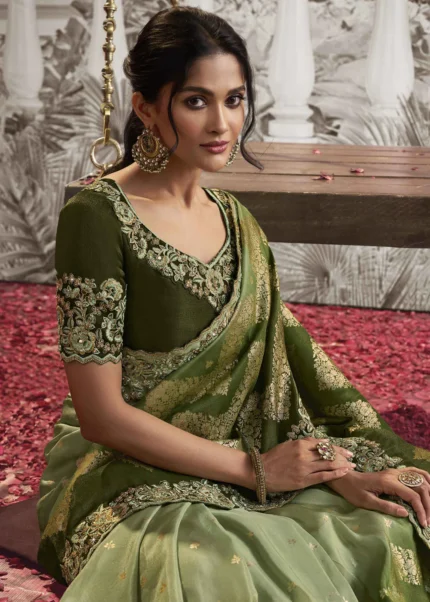 Olive Green Embroidered Silk Saree