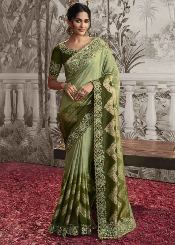 Olive Green Embroidered Silk Saree