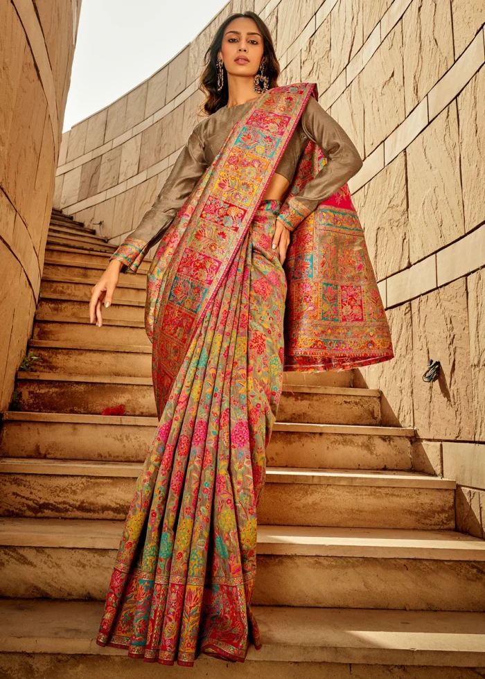 Olive Green Kashmiri Jamawar Saree