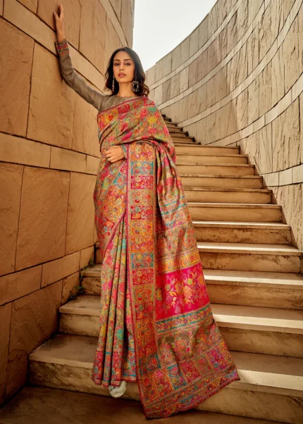 Olive Green Kashmiri Jamawar Saree