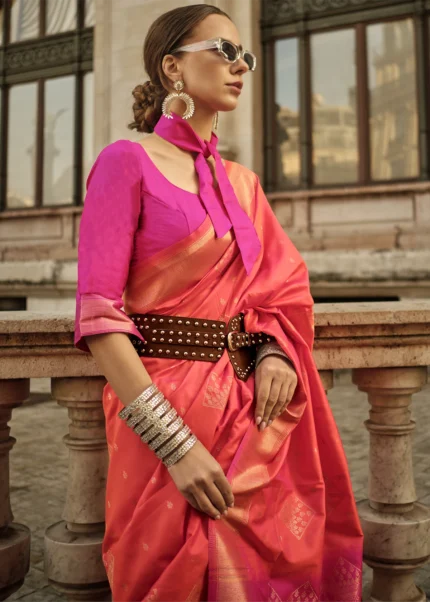 Orange and Pink Soft Silk Saree