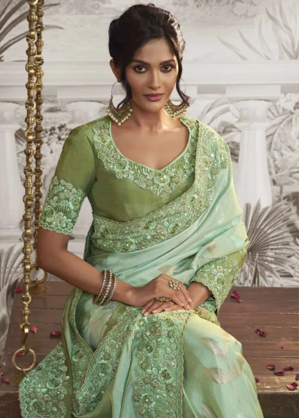 Pale Green Embroidered Silk Saree