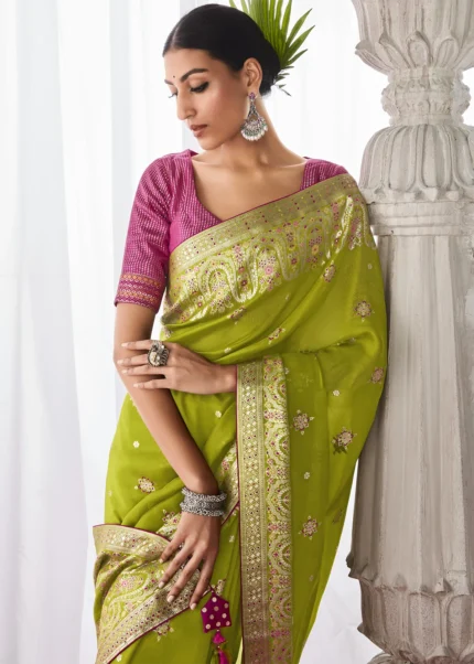 Parrot Green Kora Silk Saree