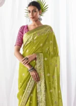 Parrot Green Kora Silk Saree