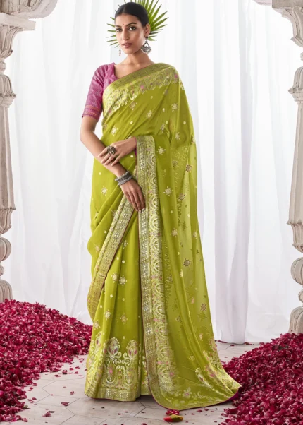 Parrot Green Kora Silk Saree