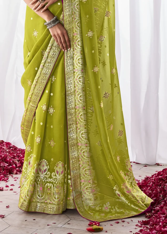 Parrot Green Kora Silk Saree