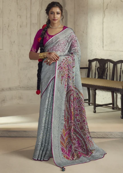 Pastel Blue Organza Brasso Saree