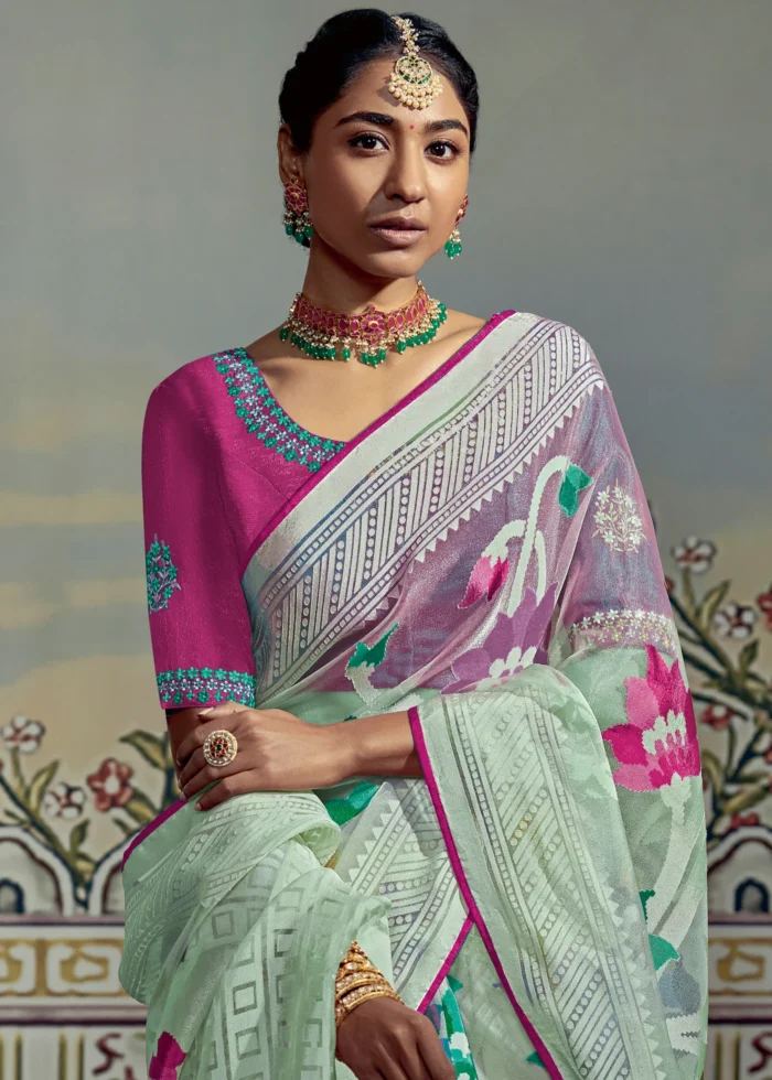 Pastel Green Organza Brasso Saree