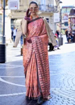 Peach Satin Crepe Saree