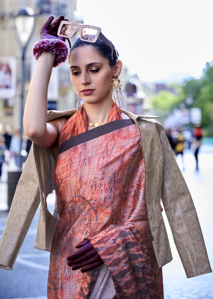 Peach Satin Crepe Saree