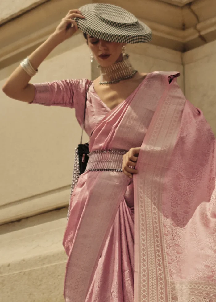 Peachy Pink Banarasi Satin Silk Saree