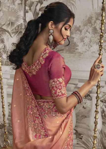 Peachy Pink Embroidered Silk Saree