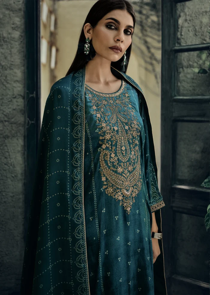 Peacock Blue Velvet Suit with Embroidery Work