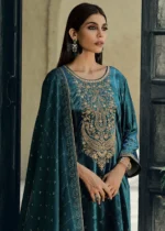 Peacock Blue Velvet Suit with Embroidery Work