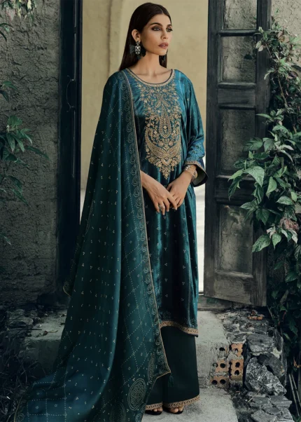 Peacock Blue Velvet Suit with Embroidery Work