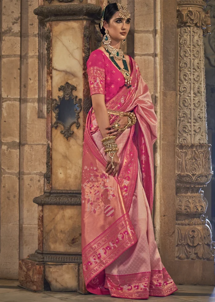 Pink Banarasi Saree with Stone Work