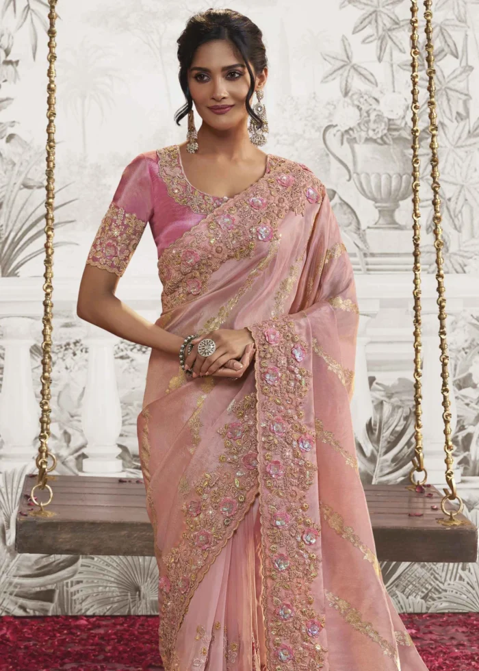 Pink Embroidered Silk Saree