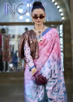 Pink and Blue Satin Crepe Saree