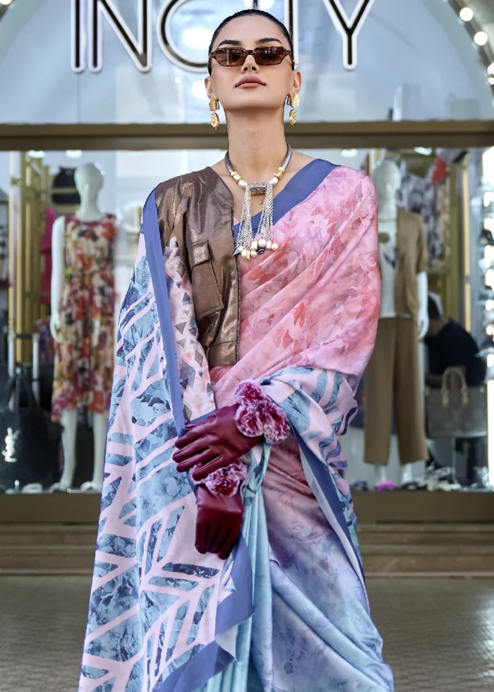 Pink and Blue Satin Crepe Saree