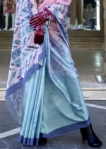 Pink and Blue Satin Crepe Saree