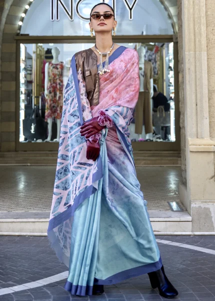 Pink and Blue Satin Crepe Saree