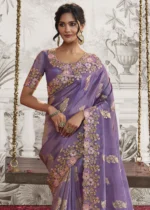 Purple Embroidered Silk Saree