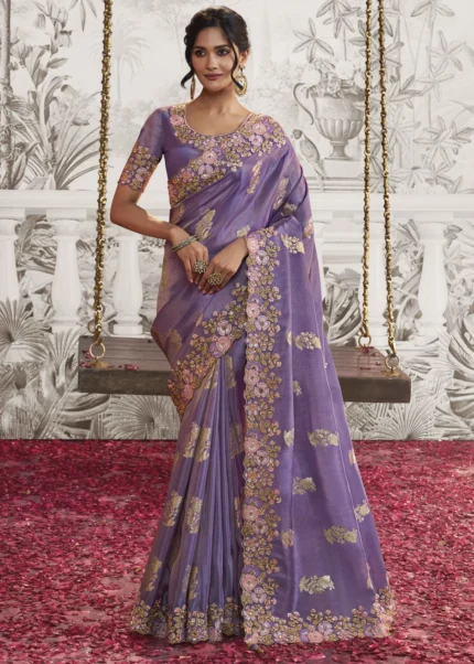 Purple Embroidered Silk Saree