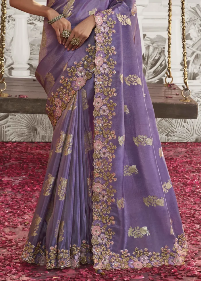 Purple Embroidered Silk Saree