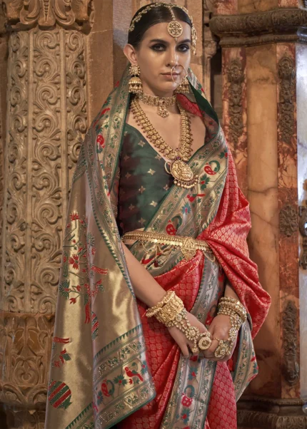 Red Banarasi Saree with Stone Work