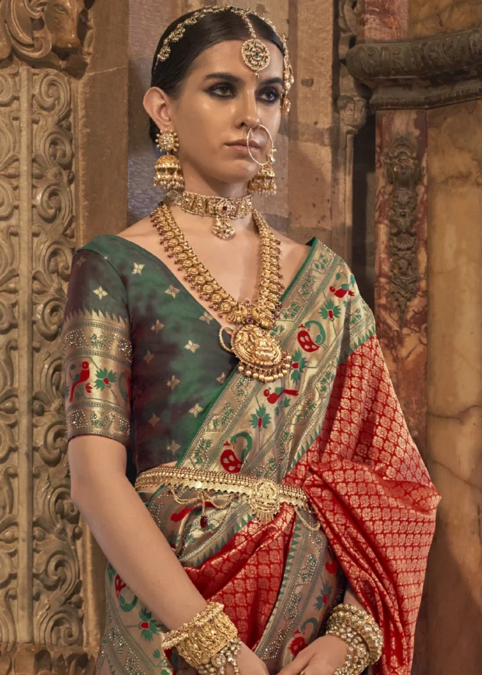 Red Banarasi Saree with Stone Work