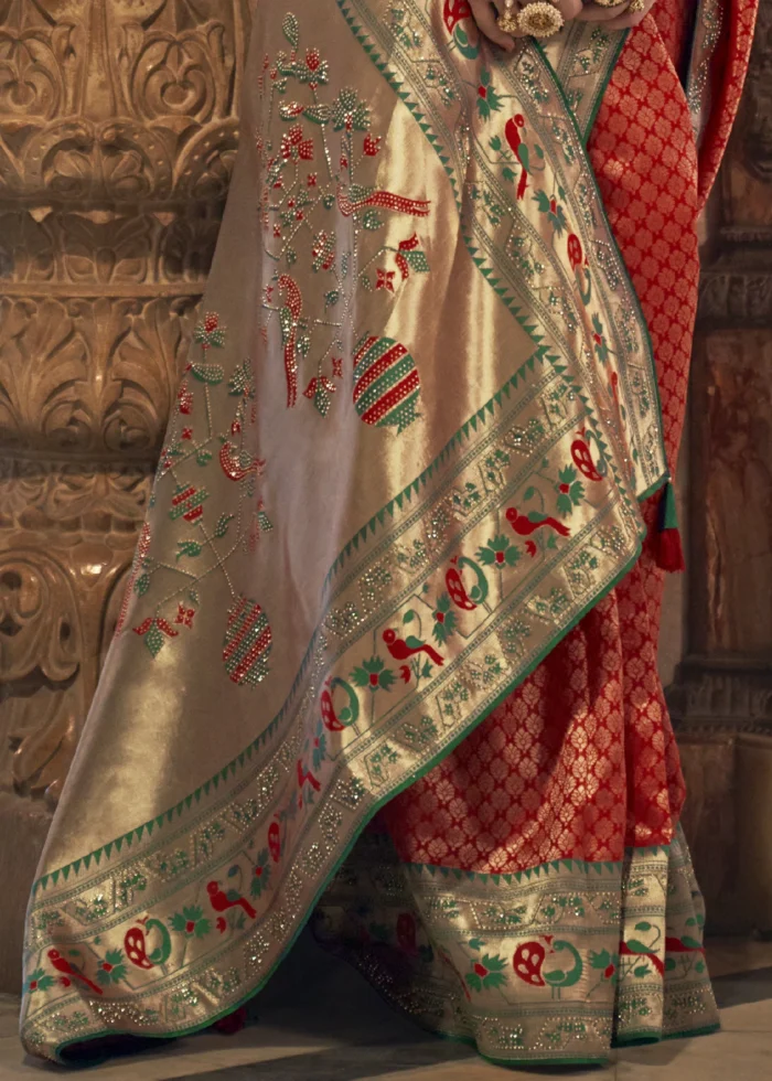 Red Banarasi Saree with Stone Work