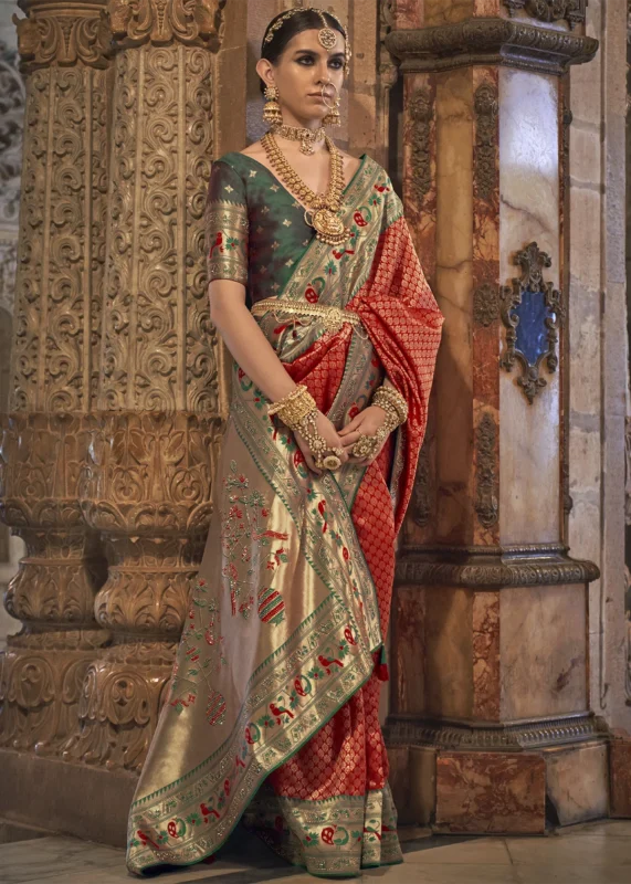 Red Banarasi Saree with Stone Work