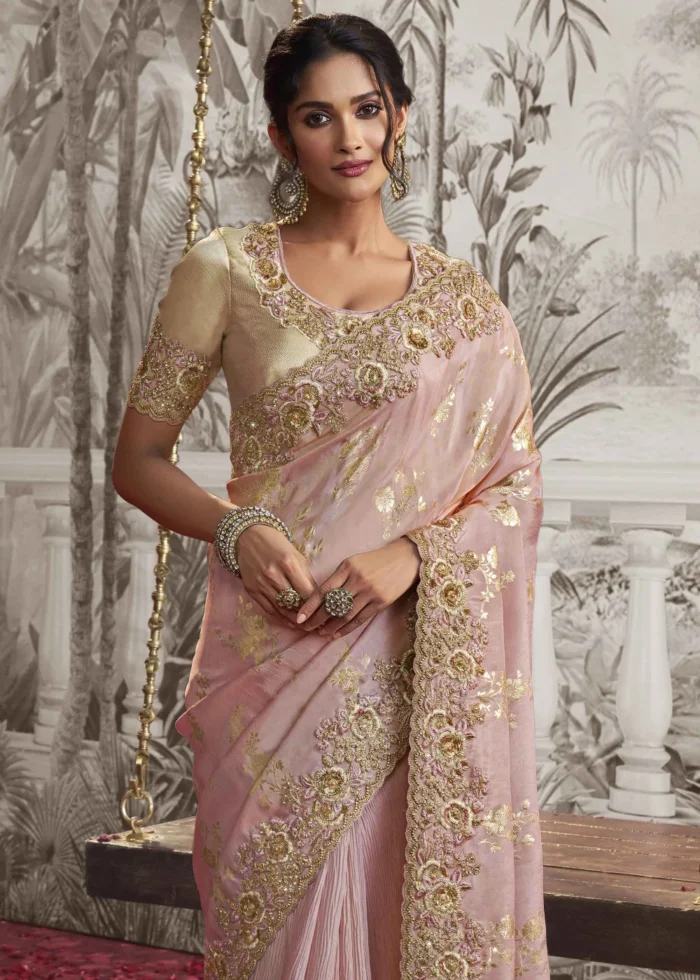 Rose Pink Embroidered Silk Saree