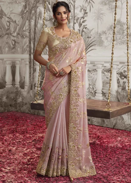 Rose Pink Embroidered Silk Saree