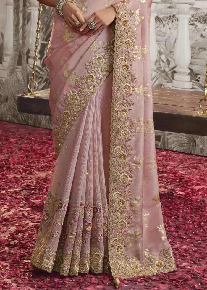 Rose Pink Embroidered Silk Saree