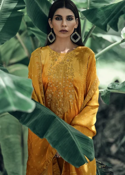 Saffron Yellow Velvet Suit with Embroidery Work