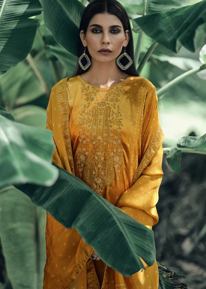 Saffron Yellow Velvet Suit with Embroidery Work