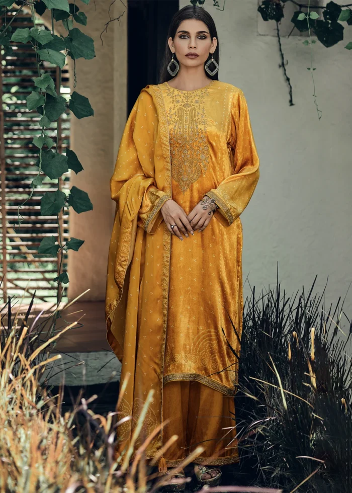 Saffron Yellow Velvet Suit with Embroidery Work