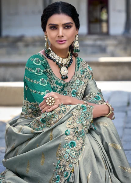 Sage Green Banarasi Saree with Embroidery Work