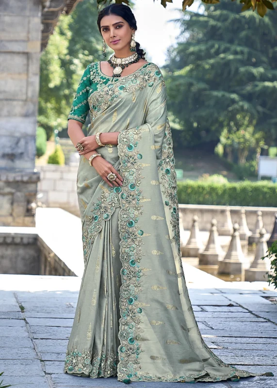 Sage Green Banarasi Saree with Embroidery Work